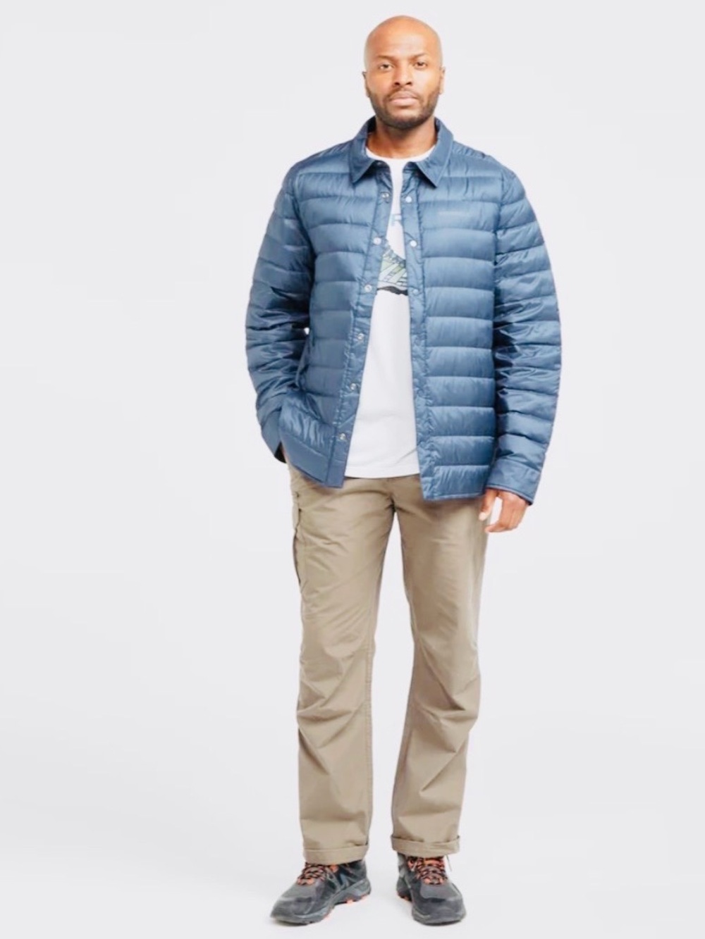 Merrell Blue Quilted Goose Down Snap Front Packable Shirt Jacket